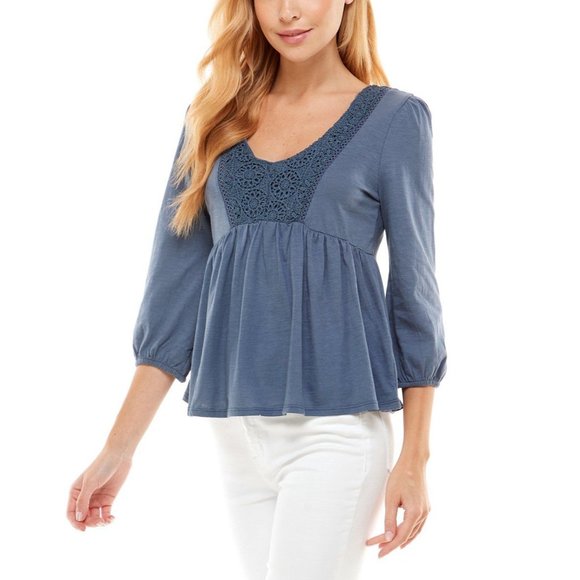 DEREK HEART Vintage Indigo Three-Quarter Sleeve Peplum Top - Small - Picture 4 of 4